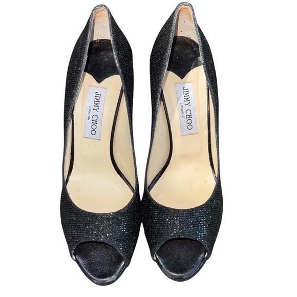 JIMMY CHOO Luna Anthracite Lamé Sparkly Peep Toe Heels EU 40.5 US Size 10.5 - Picture 2 of 16